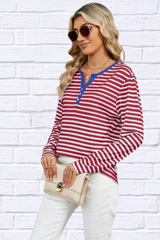 Striped Notched Long Sleeve T-Shirt