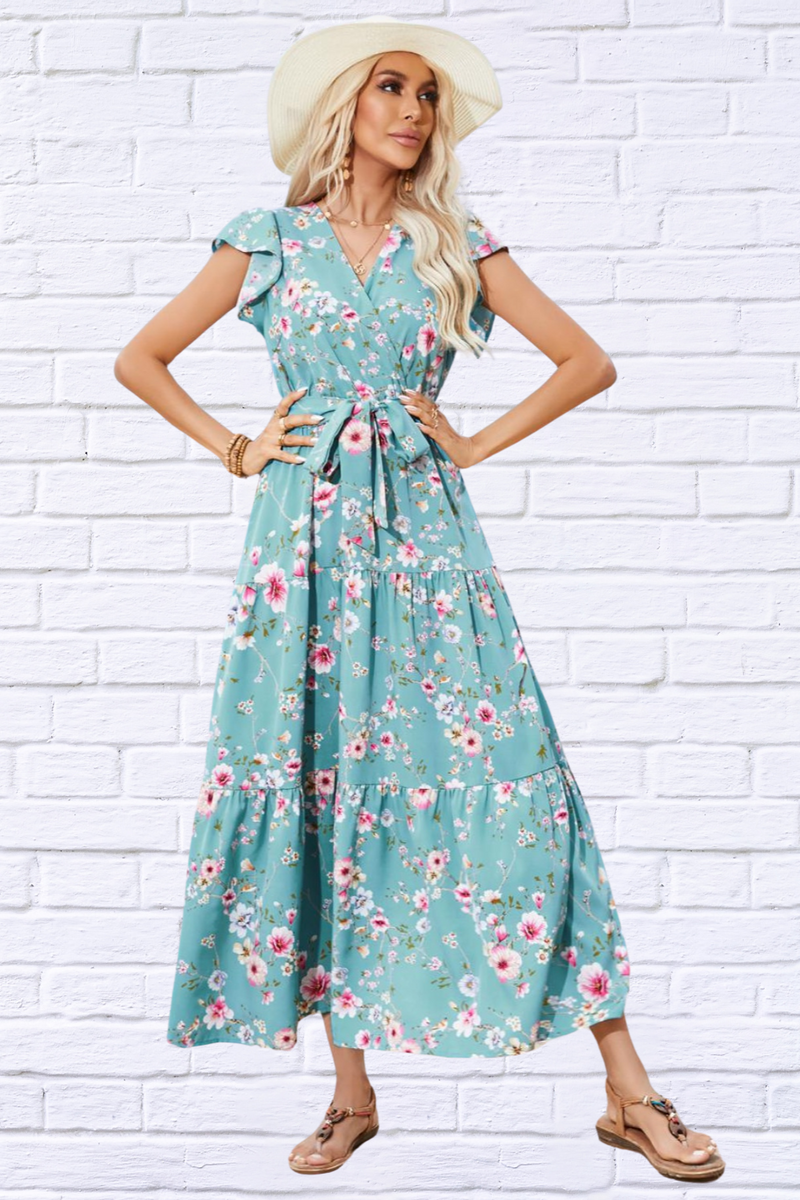 Maggie Ruffled Printed Surplice Cap Sleeve Midi Dress