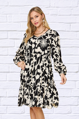 Double Take Full Size Printed Ruffle Hem Long Sleeve Dress