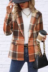 Plaid Button Down Lapel Collar Blazer