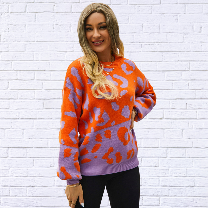 Leopard Round Neck Dropped Shoulder Sweater