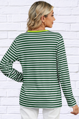 Striped Notched Long Sleeve T-Shirt