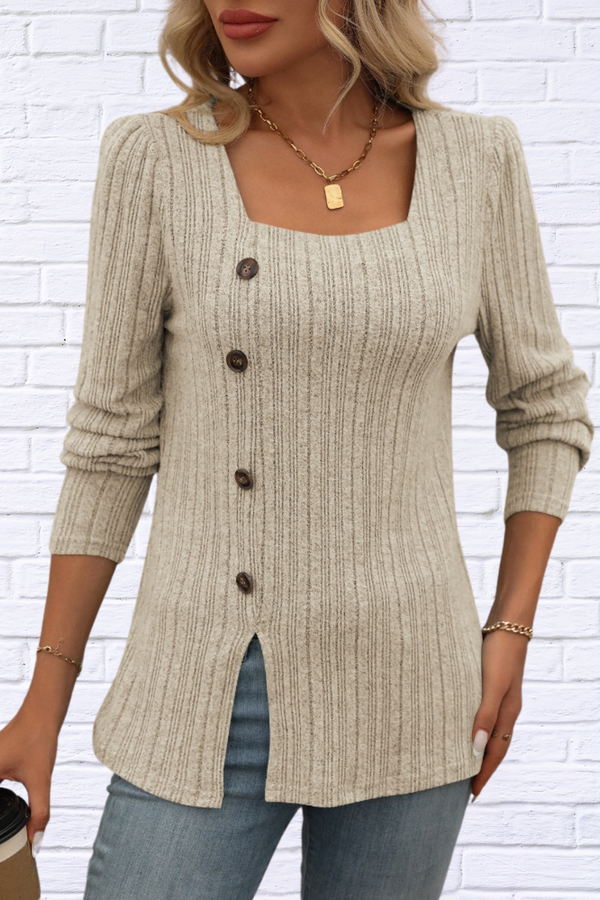 Decorative Button Striped Square Neck Long Sleeve T-Shirt