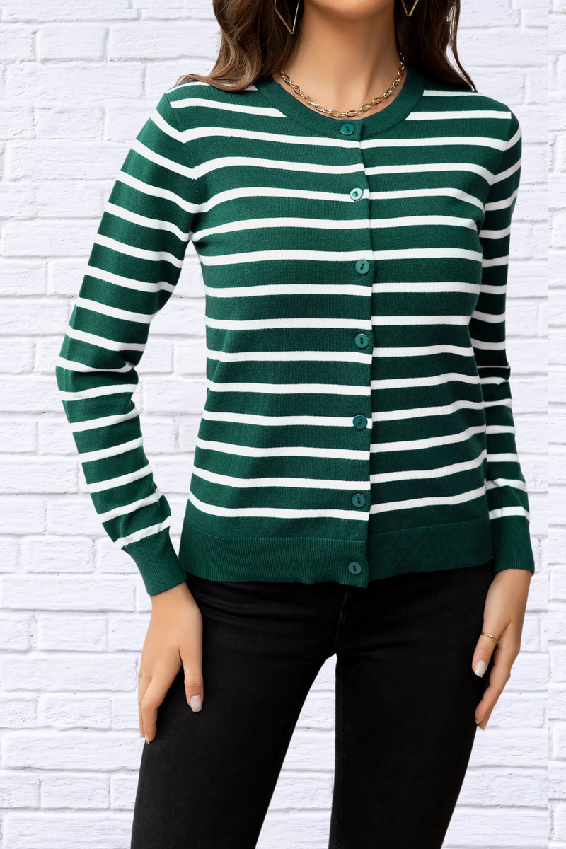 Striped Round Neck Long Sleeve Buttoned Knit Top