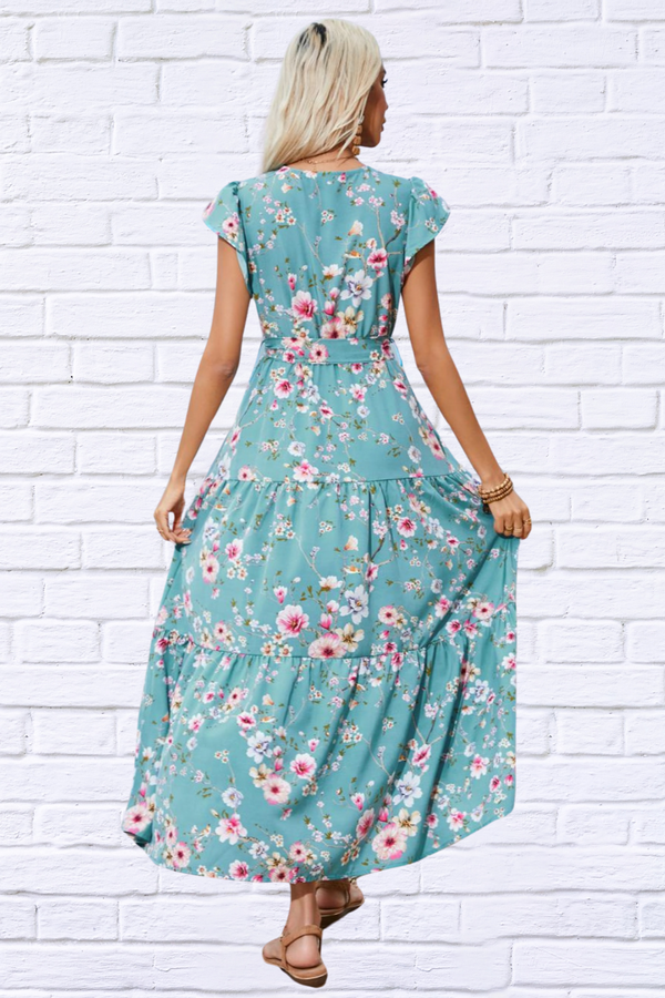 Maggie Ruffled Printed Surplice Cap Sleeve Midi Dress