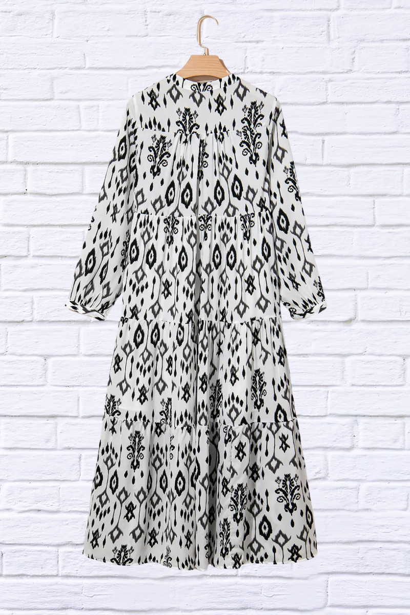 Tiered Printed Notched Long Sleeve Midi Dress