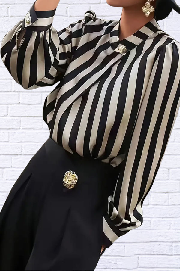 Elegant Special Black and White Striped Cross-Collar Button-Up Shirt