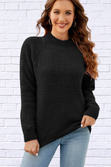 Waffle-Knit Round Neck Reglan Sleeve Sweater