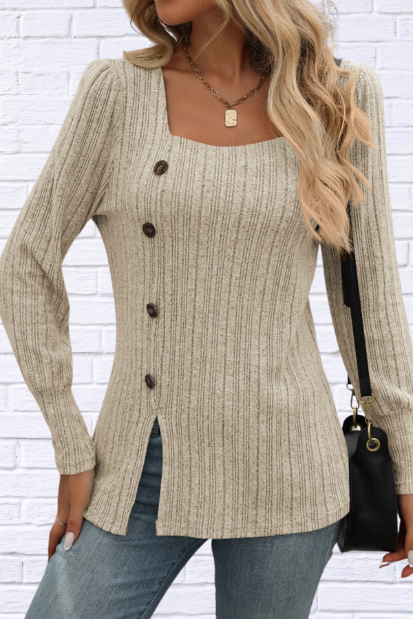 Decorative Button Striped Square Neck Long Sleeve T-Shirt