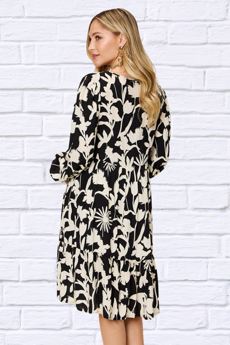 Double Take Full Size Printed Ruffle Hem Long Sleeve Dress