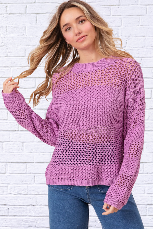 Berry  Openwork Long Sleeve Knit Top