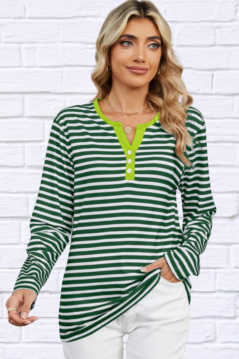 Striped Notched Long Sleeve T-Shirt