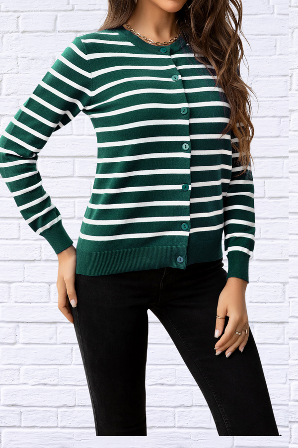 Striped Round Neck Long Sleeve Buttoned Knit Top