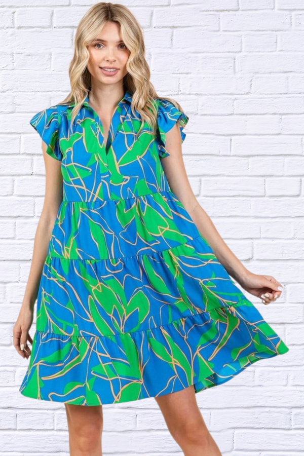 Blue Leaf Print Ruffle Sleeve Tiered Mini Dress