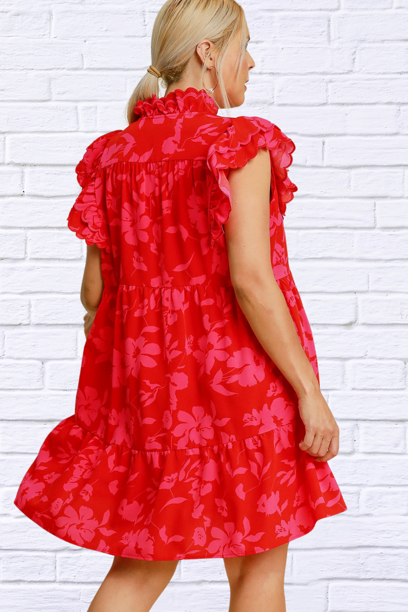 Full Size Two Tone Red and Pink Floral Print Ruffle Cap Sleeve Mini Dress Plus Size