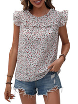 Ruffled Printed Round Neck Cap Sleeve Blouse