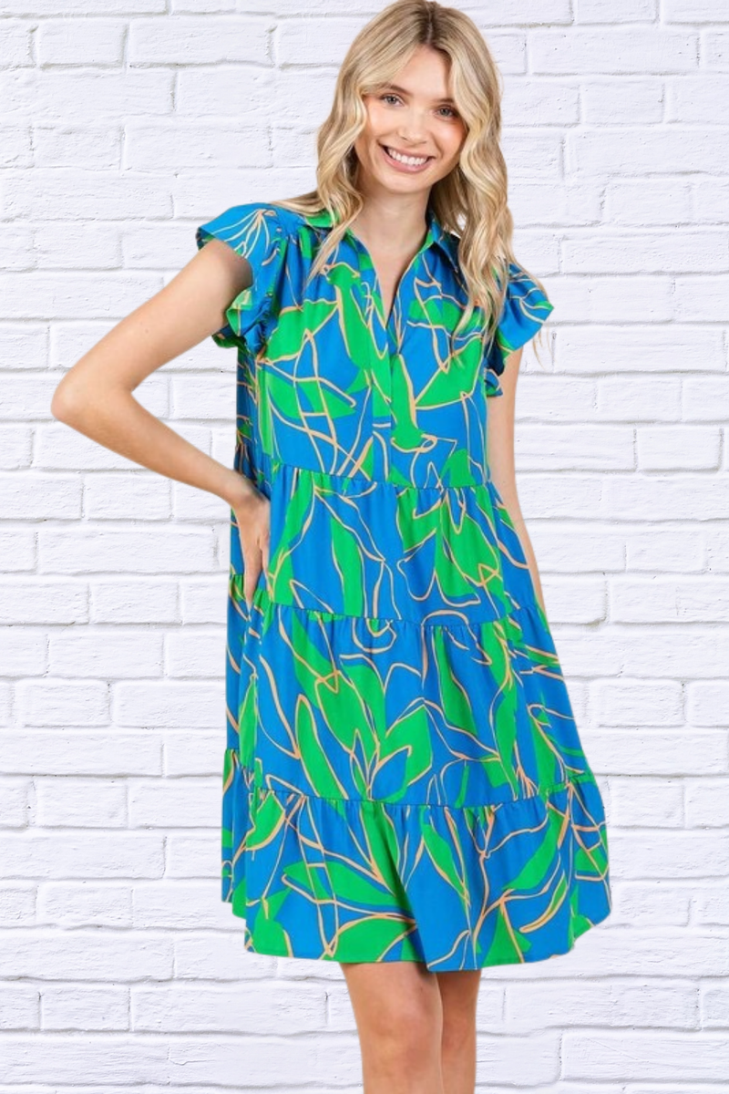 Blue Leaf Print Ruffle Sleeve Tiered Mini Dress