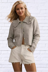 Frill Button Up Collared Neck Long Sleeve Cardigan