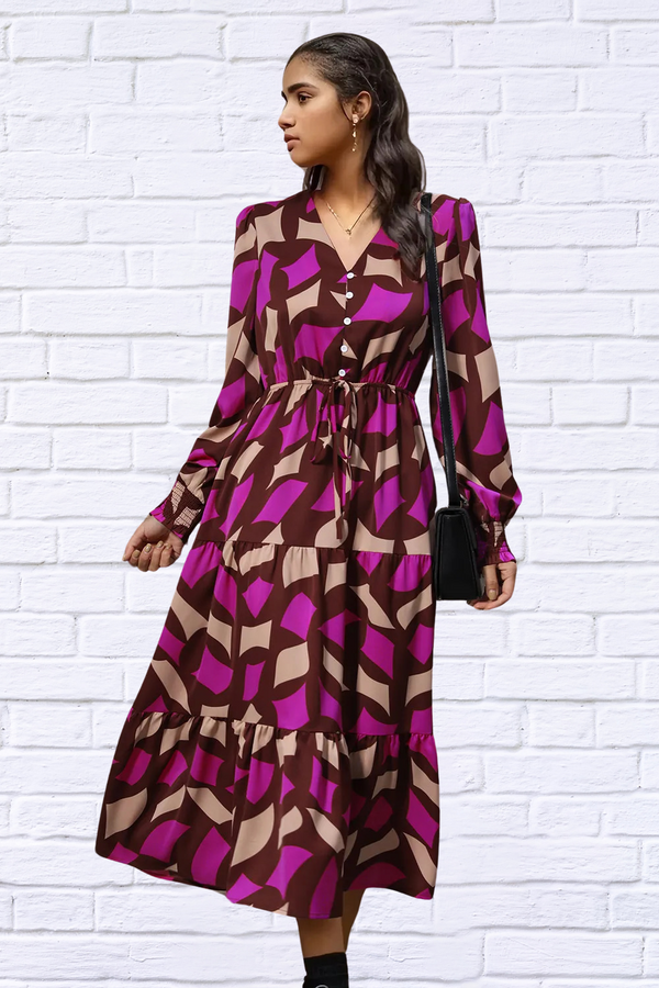 Printed Tied Pocketed Lantern Sleeve Dress | Diva USA