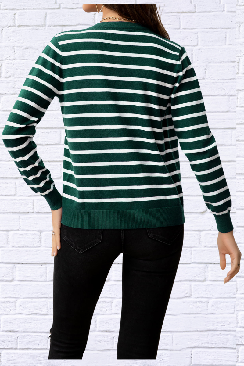 Striped Round Neck Long Sleeve Buttoned Knit Top