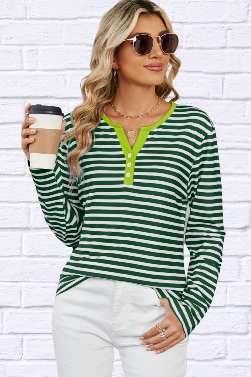 Striped Notched Long Sleeve T-Shirt