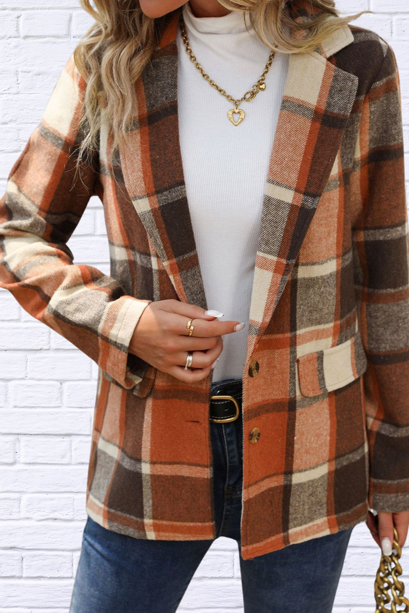 Plaid Button Down Lapel Collar Blazer