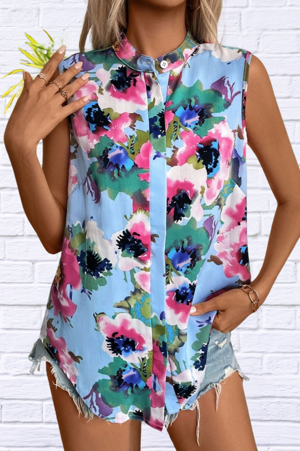 Light Blue Printed Round Neck Sleeveless Blouse – Fresh and Versatile Elegance