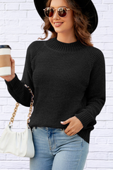 Waffle-Knit Round Neck Reglan Sleeve Sweater