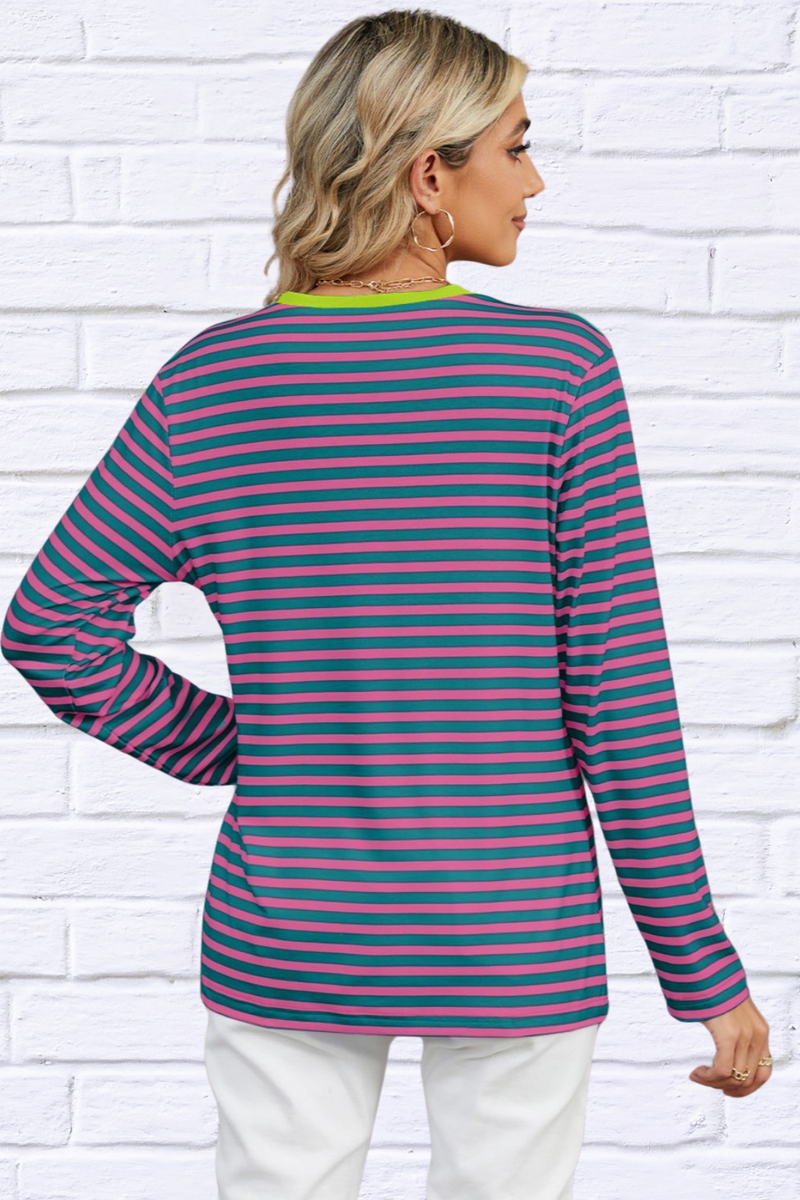 Striped Notched Long Sleeve T-Shirt