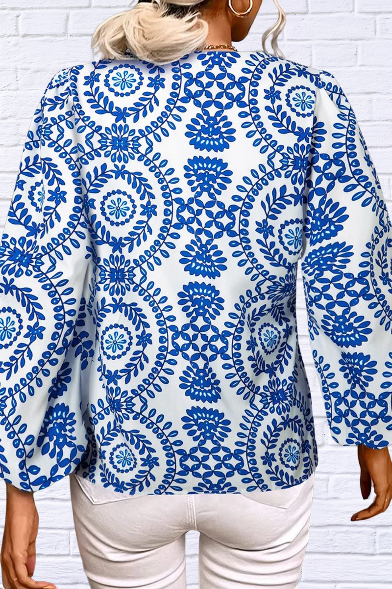 Printed Notched Royal Blue Long Sleeve Blouse