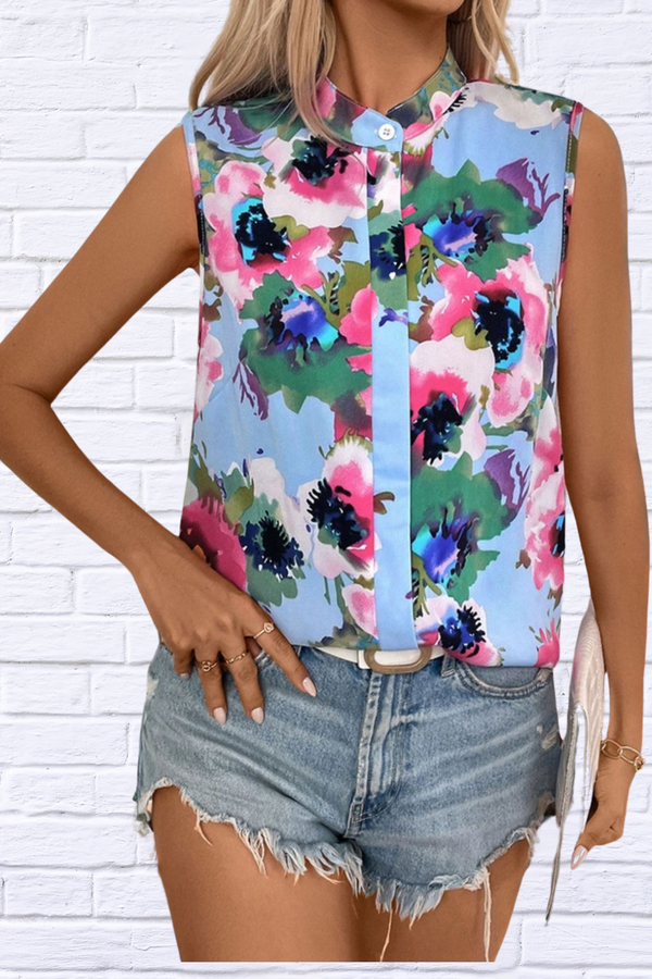 Light Blue Printed Round Neck Sleeveless Blouse – Fresh and Versatile Elegance