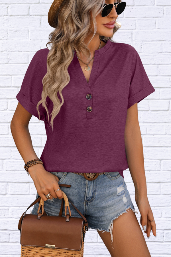 Notched Buttoned Short Sleeve T-Shirt