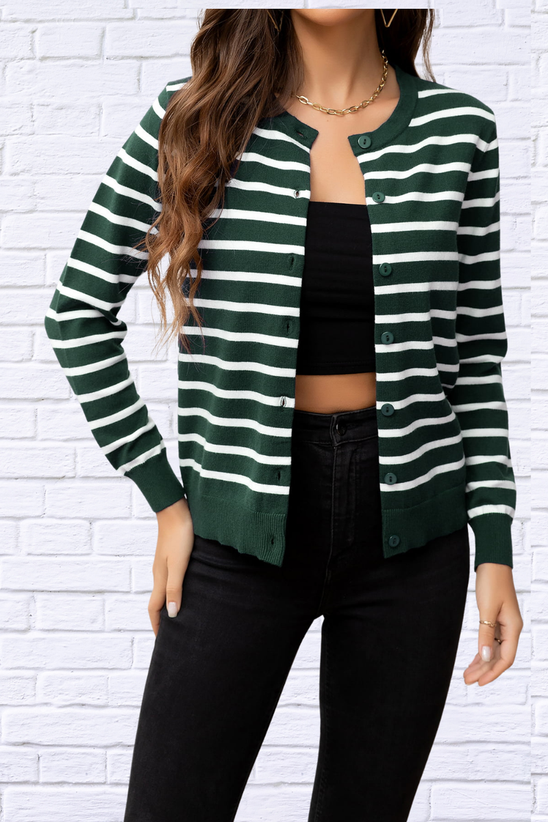 Striped Round Neck Long Sleeve Buttoned Knit Top