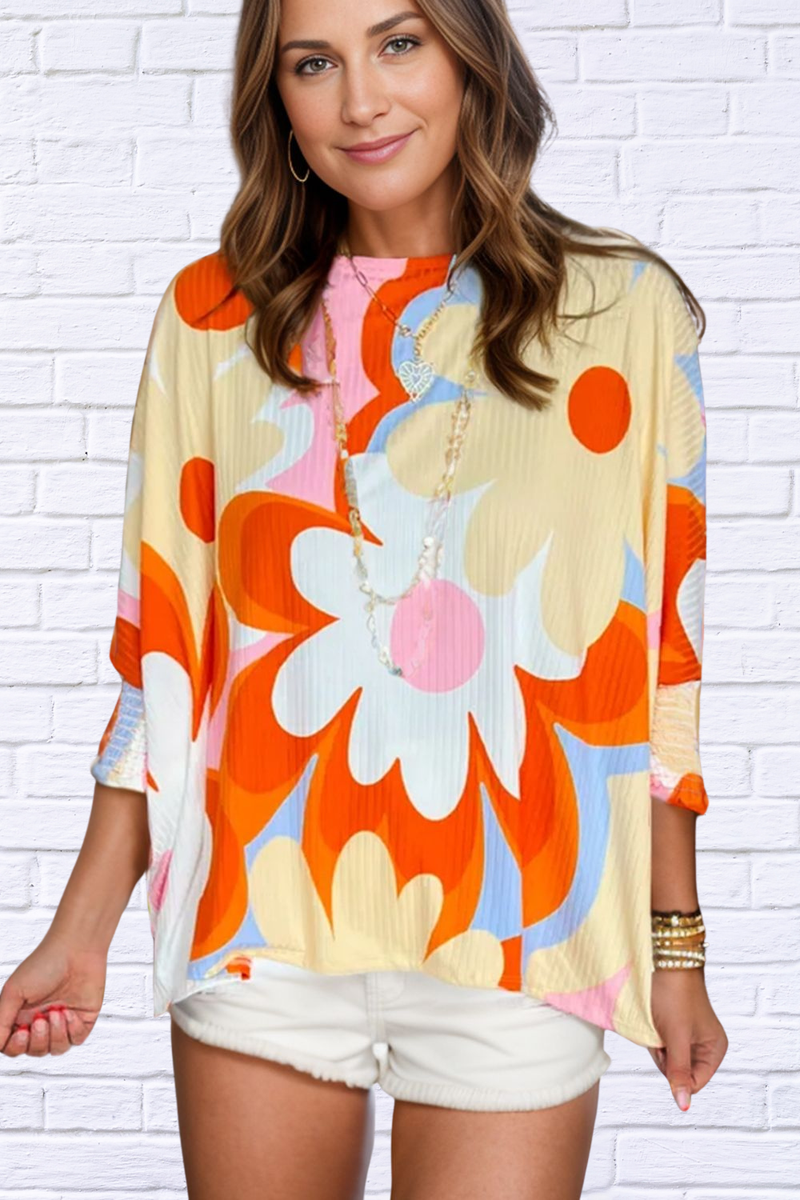 Flower Round Neck Three-Quarter Sleeve Blouse