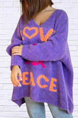 Peace Graphic V-Neck Long Sleeve Sweater