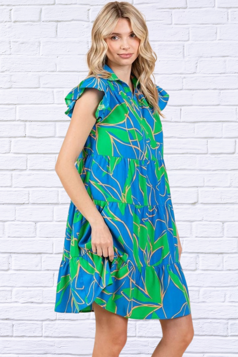 Blue Leaf Print Ruffle Sleeve Tiered Mini Dress