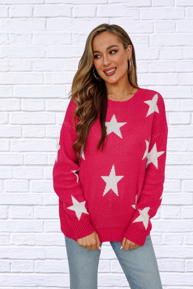 Star Round Neck Dropped Shoulder Sweater