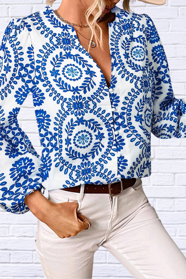 Printed Notched Royal Blue Long Sleeve Blouse