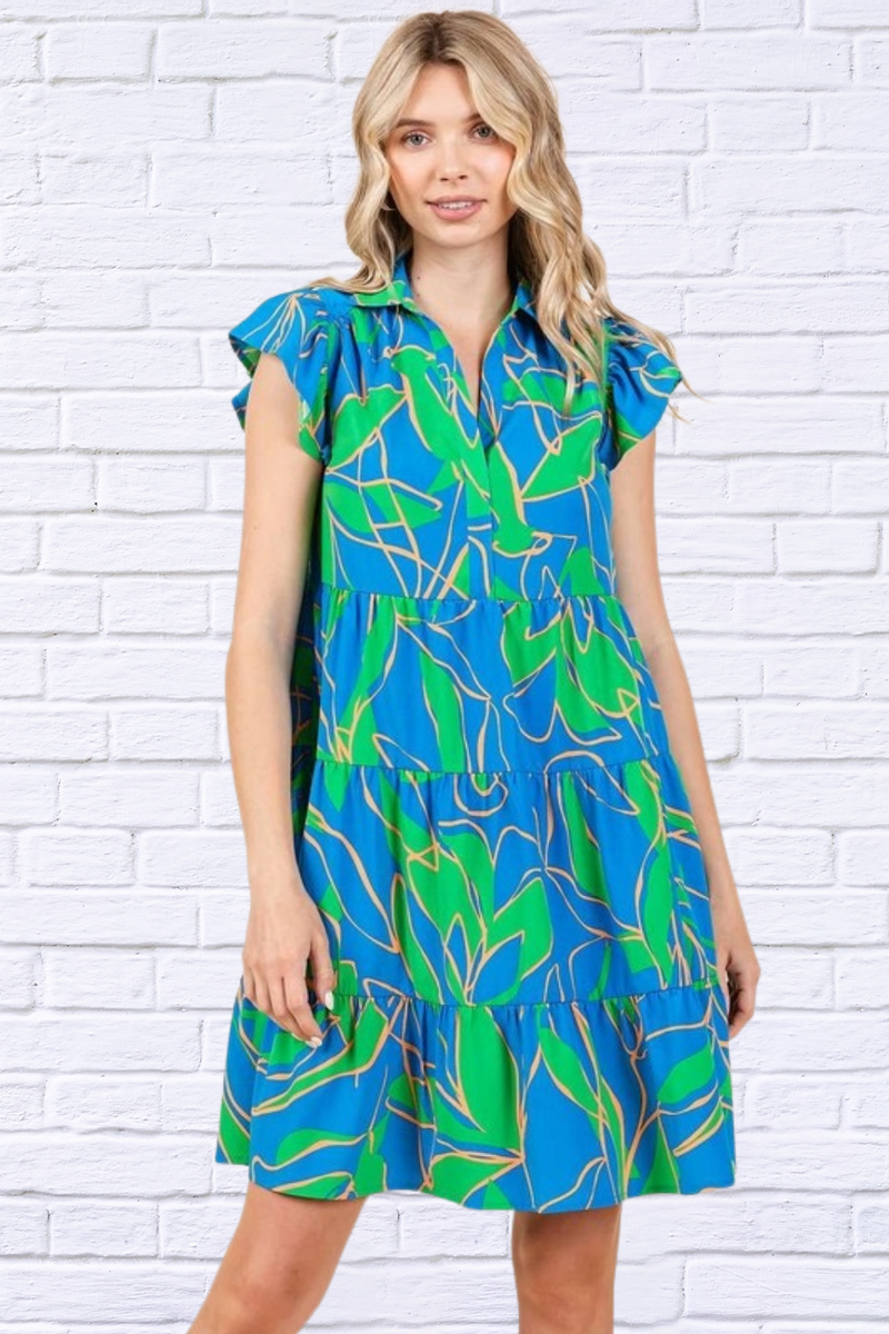 Blue Leaf Print Ruffle Sleeve Tiered Mini Dress