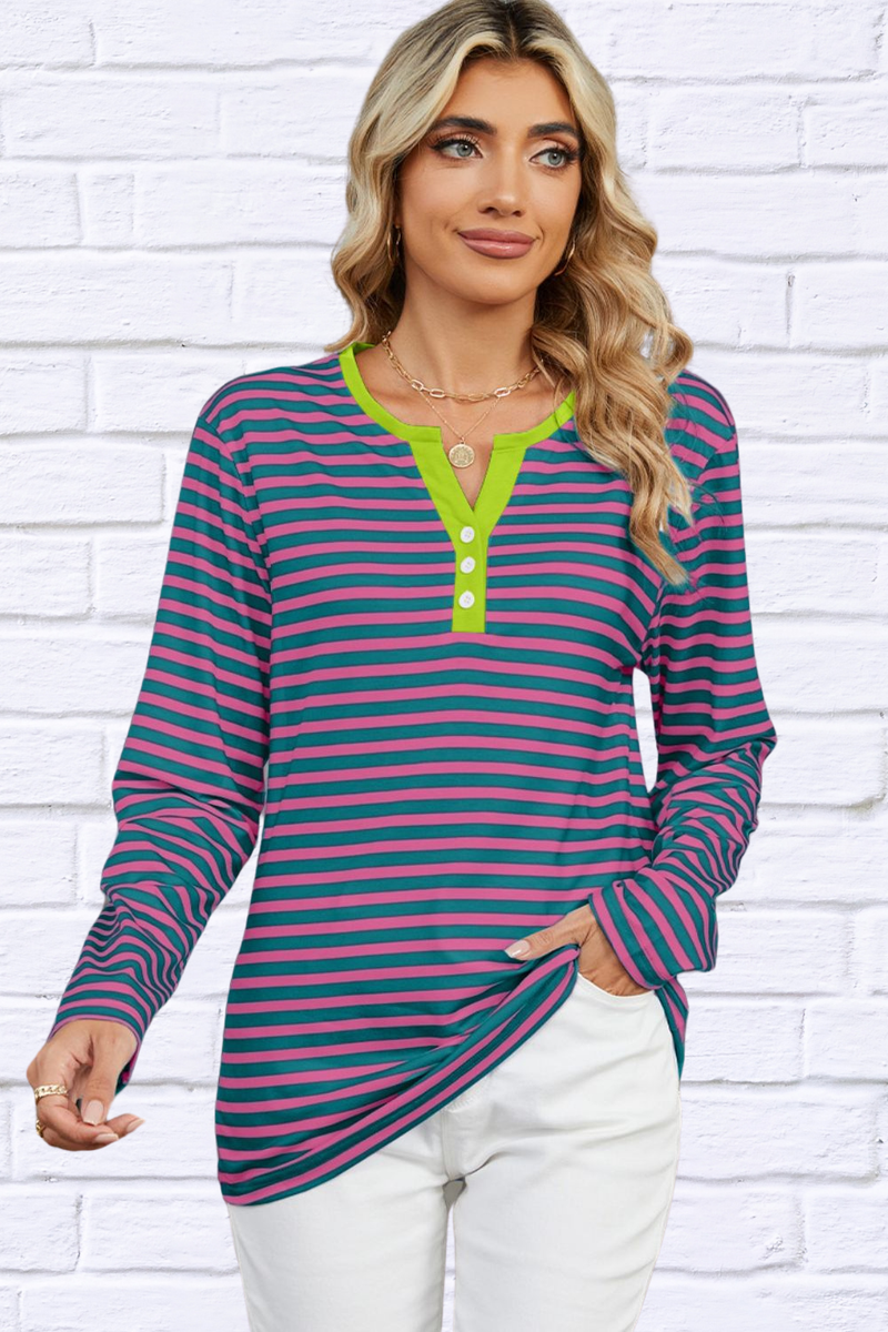 Striped Notched Long Sleeve T-Shirt