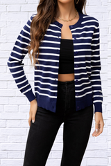 Striped Round Neck Long Sleeve Buttoned Knit Top