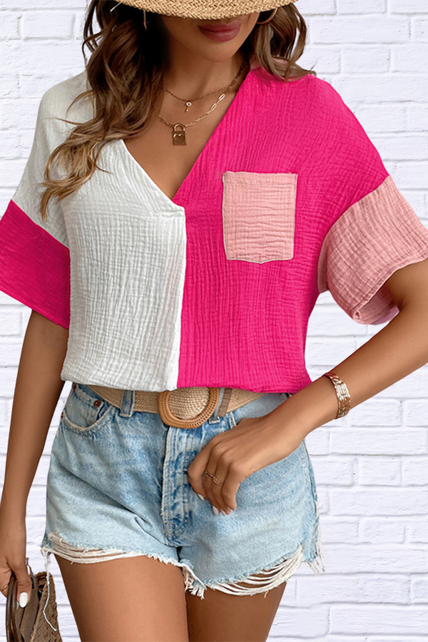 Color Block Johnny Collar Short Sleeve Blouse