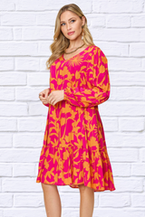 Double Take Full Size Printed Ruffle Hem Long Sleeve Dress