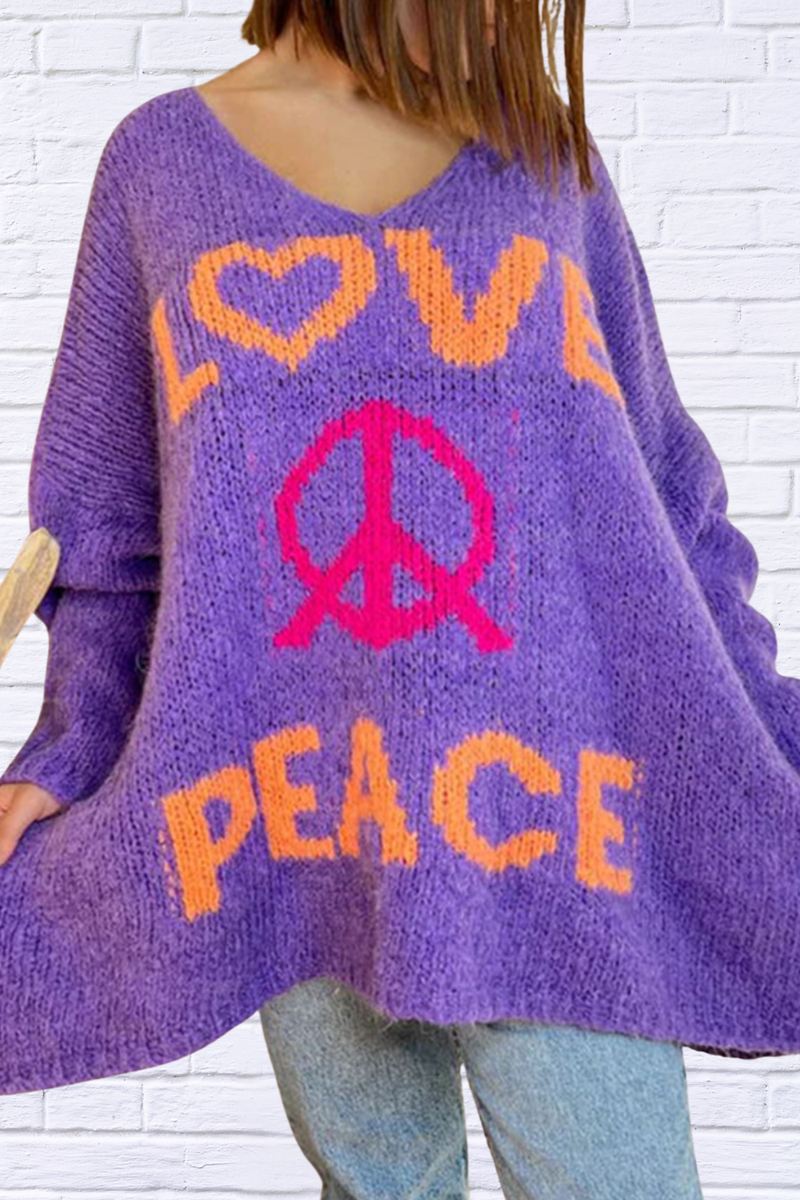 Peace Graphic V-Neck Long Sleeve Sweater