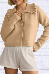 Frill Button Up Collared Neck Long Sleeve Cardigan