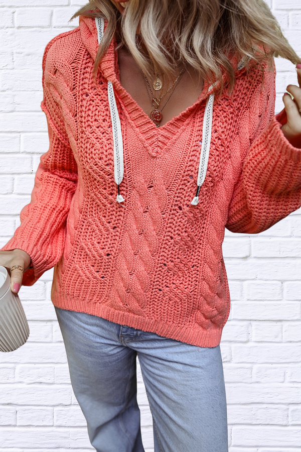 Drawstring Cable-Knit Hooded Sweater