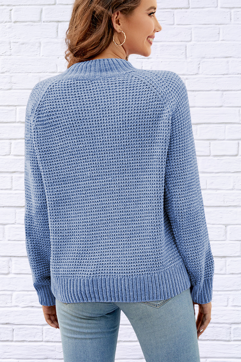 Waffle-Knit Round Neck Reglan Sleeve Sweater