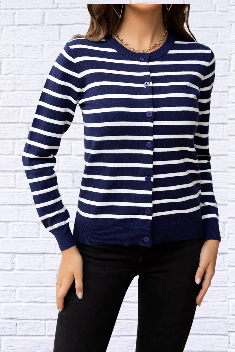 Striped Round Neck Long Sleeve Buttoned Knit Top