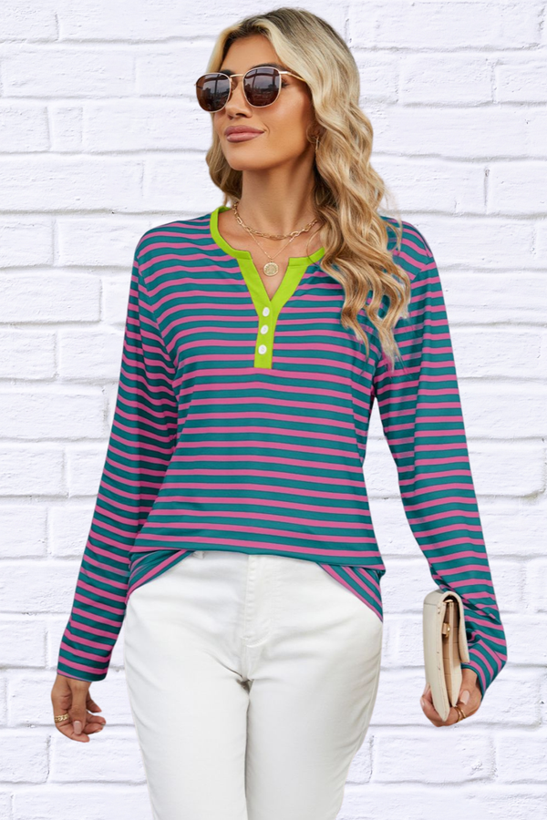 Striped Notched Long Sleeve T-Shirt