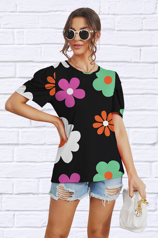 Flower Black Round Neck Short Sleeve Blouse